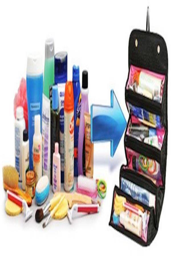 حقيبة كبيرة قابلة للطي متعددة الجيوب لمستحضرات التجميل ولغرض مستلزمات النظافة للمسافرين أسود - Image 5