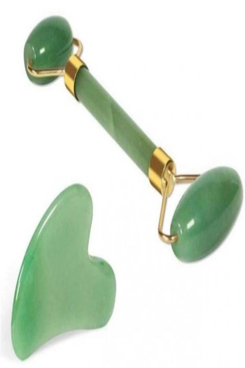2-Piece Jade Roller Massager With Facial Tool Set Green
