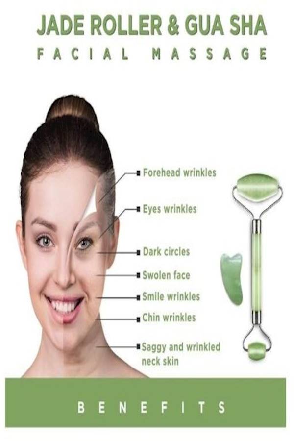 2-Piece Jade Roller Massager With Facial Tool Set Green
