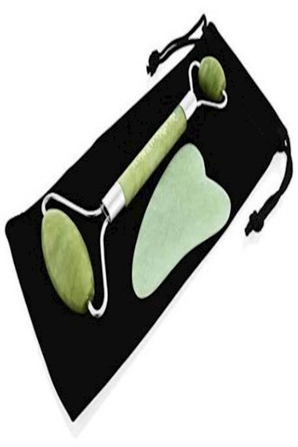 2-Piece Jade Roller Massager With Facial Tool Set Green