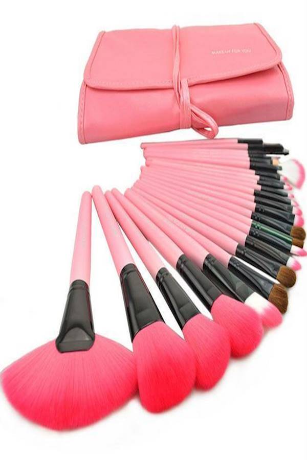 24-Piece Facial Makeup Brush Set With Case Pink - Image 2