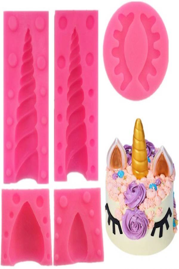 5-Piece Unicorn Horn Ears And Eyelash Fondant Mould Set Pink - Image 4