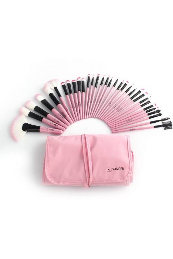 طقم فرش احترافية لمستحضرات التجميل من 32 قطعة مع حقيبة صغيرة وردي - Image 2