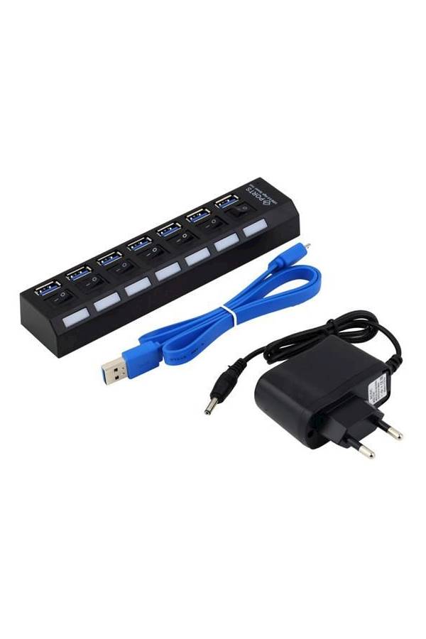 موزع USB يتضمن سبعة منافذ مزود بمفتاح للتشغيل/ الإغلاق الأسود / الأزرق - Image 1