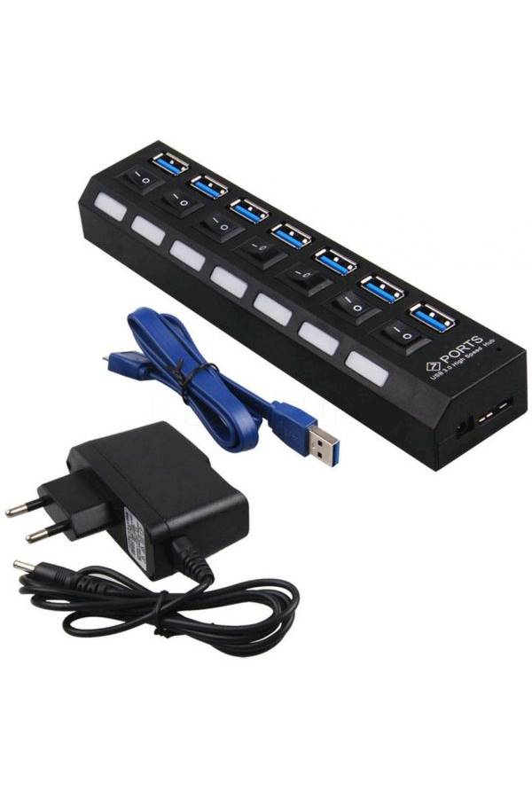 موزع USB يتضمن سبعة منافذ مزود بمفتاح للتشغيل/ الإغلاق الأسود / الأزرق - Image 2