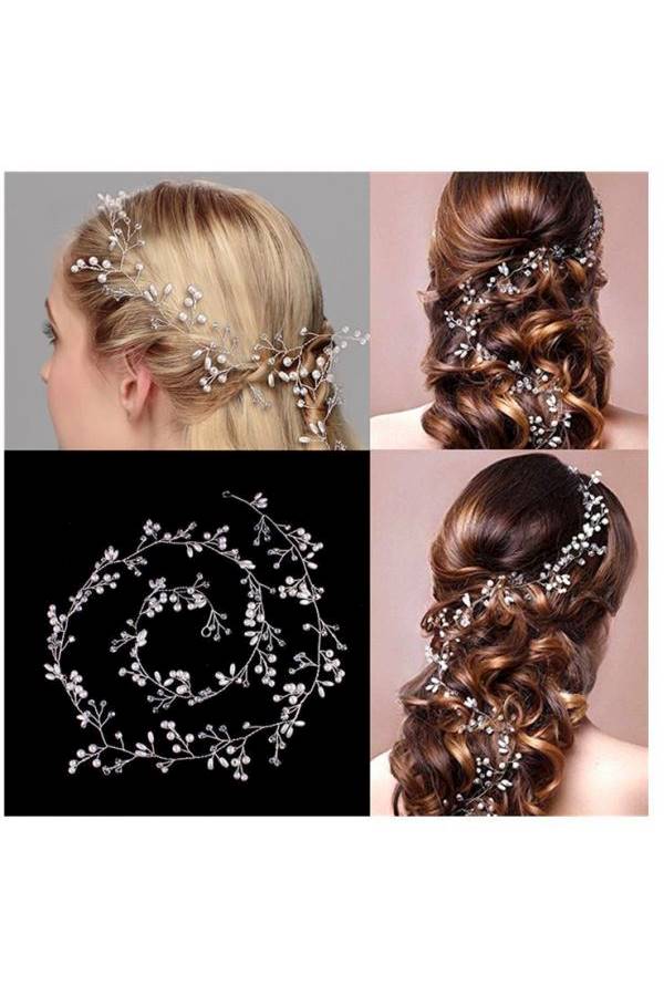 دبوس شعر بتصميم تاج مزين بالزهور ومرصع بالكريستال ذهبي/ أبيض 50سم - Image 2