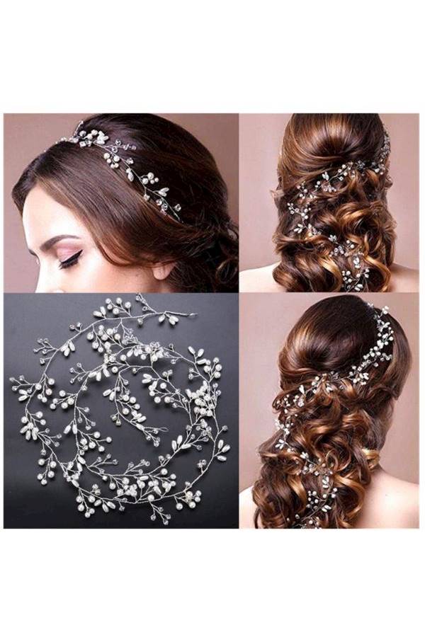 دبوس شعر بتصميم تاج مزين بالزهور ومرصع بالكريستال ذهبي/ أبيض 50سم - Image 3