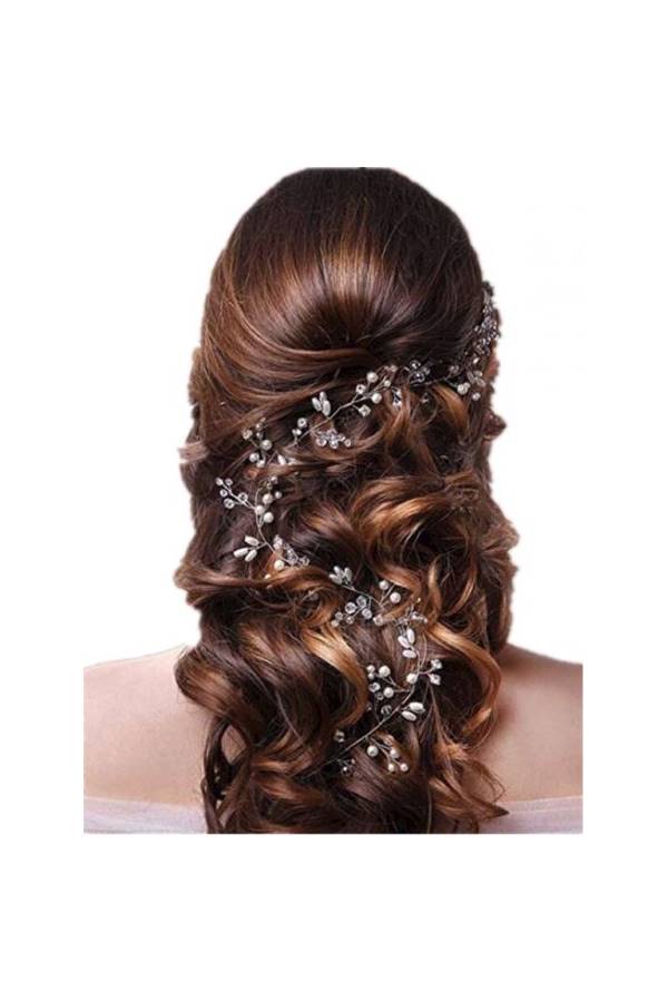 دبوس شعر بتصميم تاج مزين بالزهور ومرصع بالكريستال ذهبي/ أبيض 50سم - Image 4