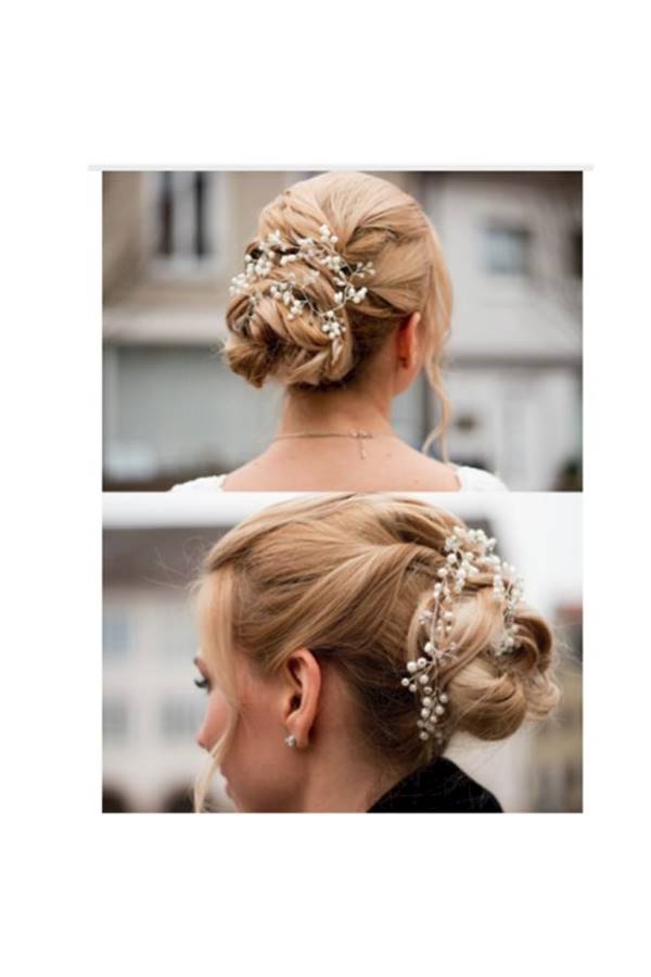 دبوس شعر بتصميم تاج مزين بالزهور ومرصع بالكريستال ذهبي/ أبيض 50سم - Image 5