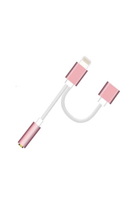 2 In 1 Lightning Adapter Cable Charge And Headphone Splitter For Apple iPhone 7/7 Plus White/Pink