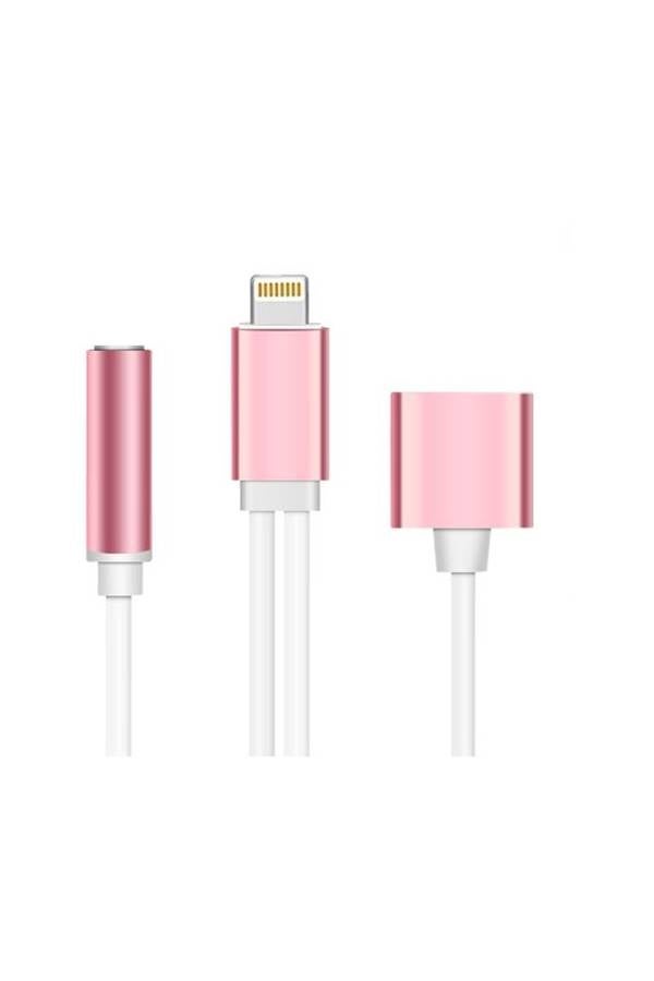 Generic - 2 In 1 Lightning Adapter Cable Charge And Headphone Splitter For Apple iPhone 7/7 Plus White/Pink - Image 1