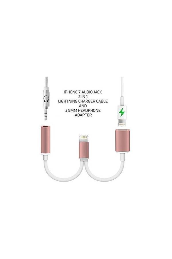 Generic - 2 In 1 Lightning Adapter Cable Charge And Headphone Splitter For Apple iPhone 7/7 Plus White/Pink - Image 1