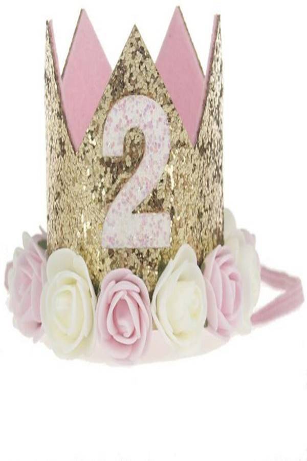 Generic 2nd Birthday Glitter Crown Headband Gold/Pink/Beige