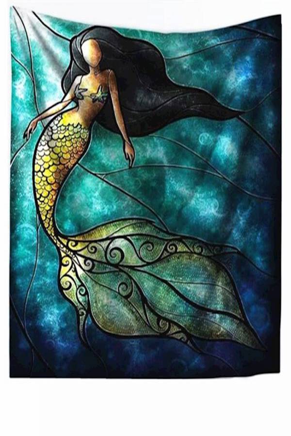 Mermaid Printed Beach Towel Wall Art Multicolour 150X130cm - Image 1