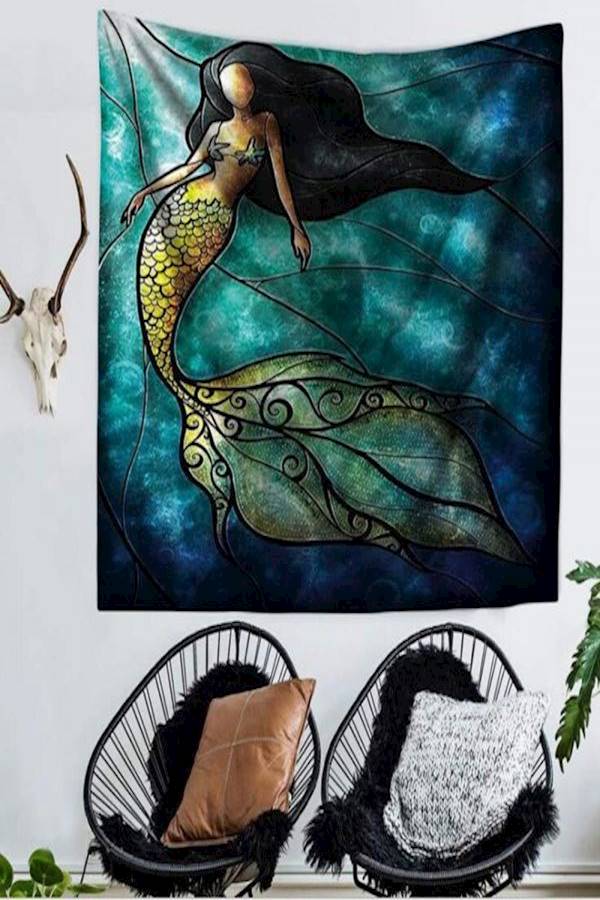 Mermaid Printed Beach Towel Wall Art Multicolour 150X130cm - Image 2