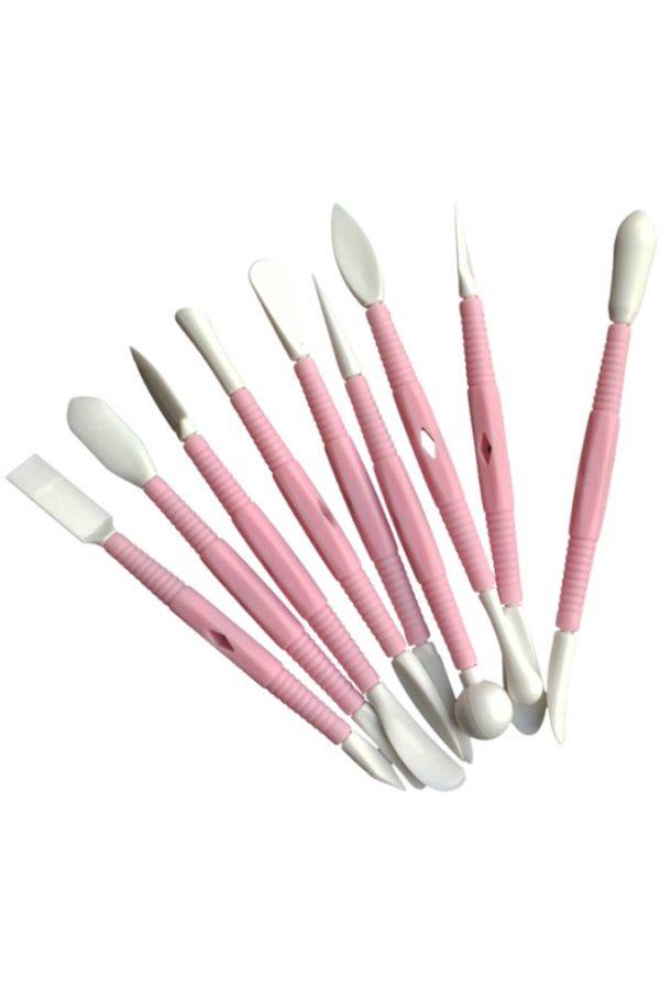 طقم أدوات نحت مخصصة للصلصال والفخار برأس مزدوج مكون من 9 قطع وردي/أبيض - Image 1