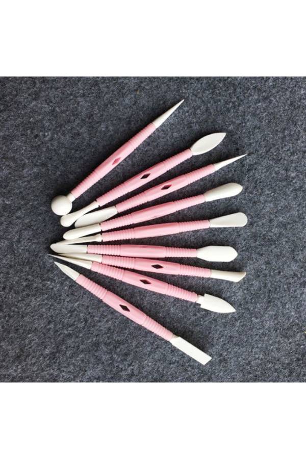 طقم أدوات نحت مخصصة للصلصال والفخار برأس مزدوج مكون من 9 قطع وردي/أبيض - Image 3