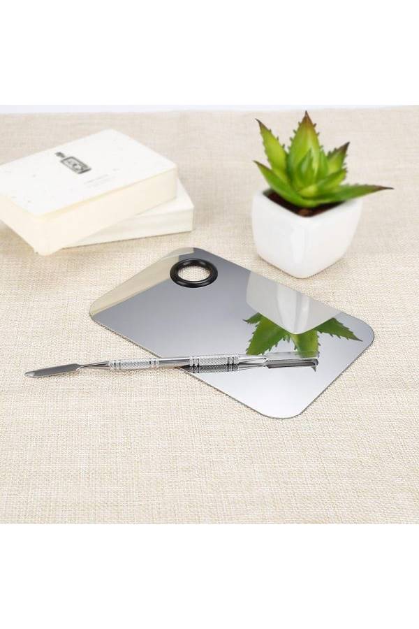 لوح مسطح لخلط مستحضرات التجميل مع أداة للخلط فضي - Image 4