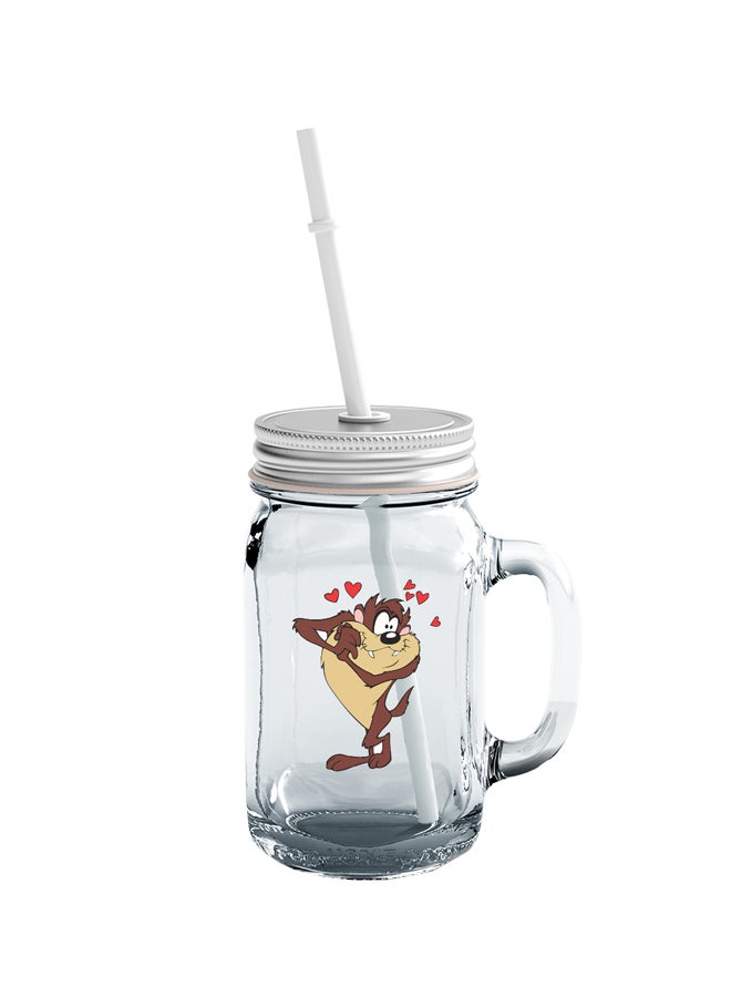 LOUD UNIVERSE Taz In Love Printed Mason Jar With Straw Clear/Beige/Brown  - Image 1