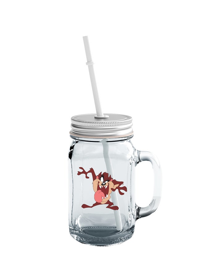 LOUD UNIVERSE Crazy Tazmania Printed Mason Jar With Straw Clear/Beige/Brown  - Image 1