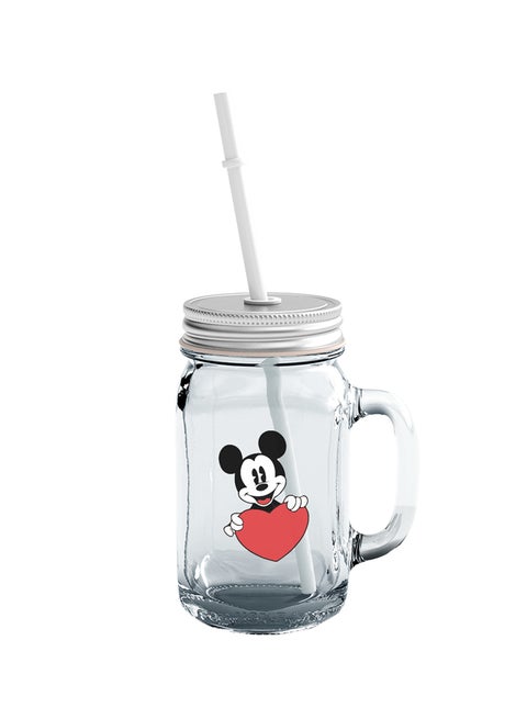 Mickey Mouse Printed Mason Jar With Straw Clear/Red/Black