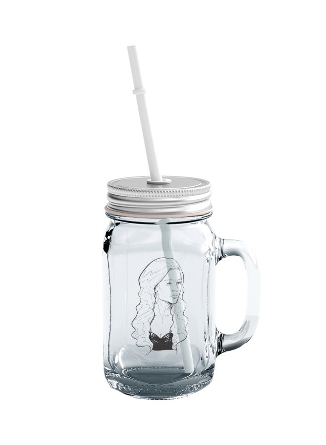 LOUD UNIVERSE Cersei Lannister Themed Printed Mason Jar With Straw Clear/Silver/White 