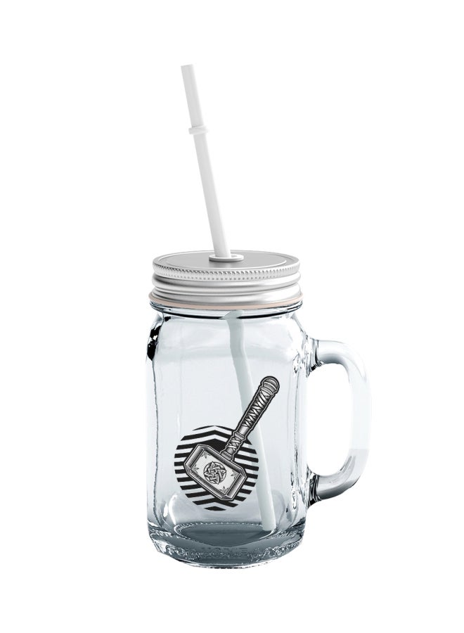 Thor Hammer Printed Mason Jar With Straw Clear/Black/White