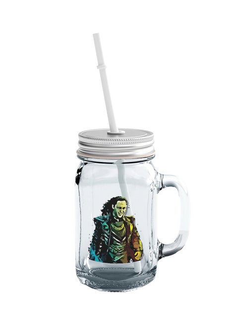 Avengers Loki Printed Mason Jar With Straw Clear/Black/Blue