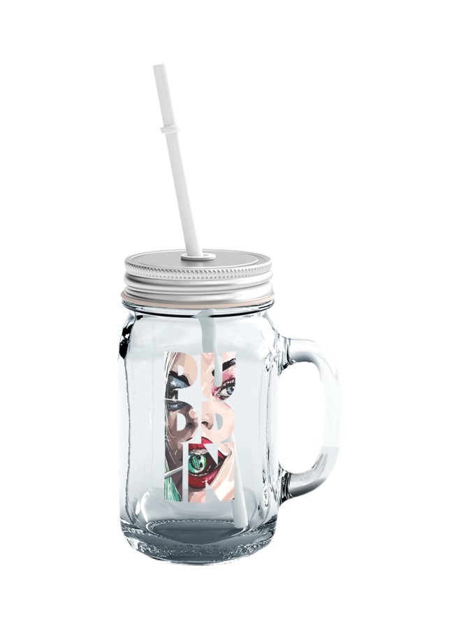 LOUD UNIVERSE Pudding Harley Quinn Printed Glass Mason Jar With Straw Clear/Beige/Red  - Image 1