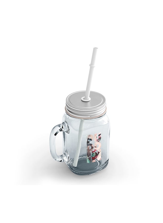 LOUD UNIVERSE Pudding Harley Quinn Printed Glass Mason Jar With Straw Clear/Beige/Red  - Image 2