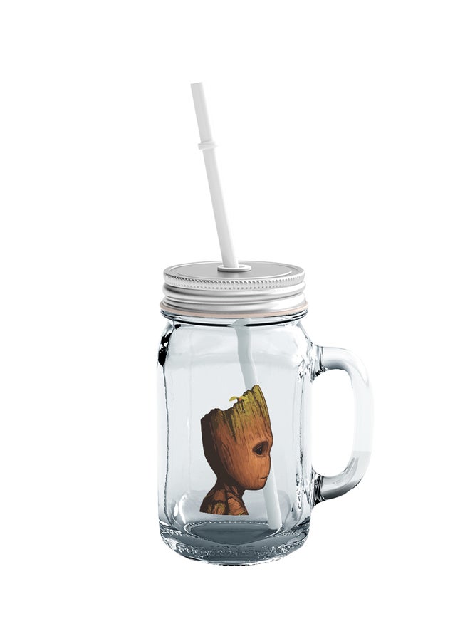 LOUD UNIVERSE Groot Printed Mason Jar With Straw Clear/Silver/Brown  - Image 1
