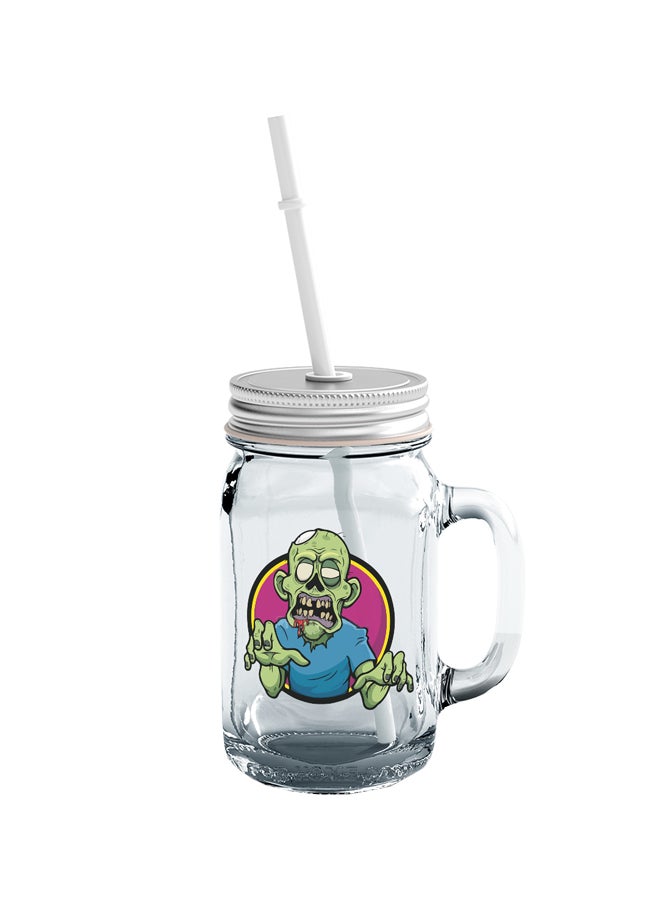 LOUD UNIVERSE Sticker Style Zombie Printed Mason Jar With Straw Clear/Blue/Green  - Image 1
