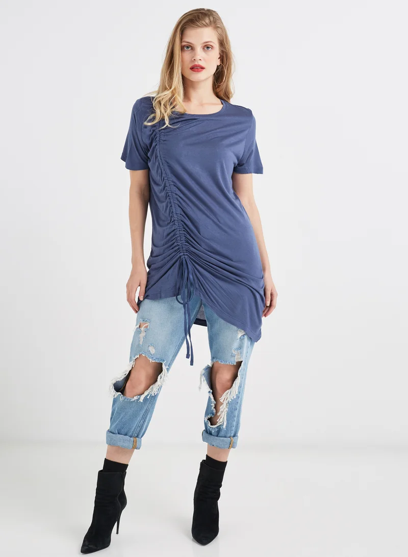 BRAVE SOUL Drawstring Detail Long Ruched T-shirt Indigo