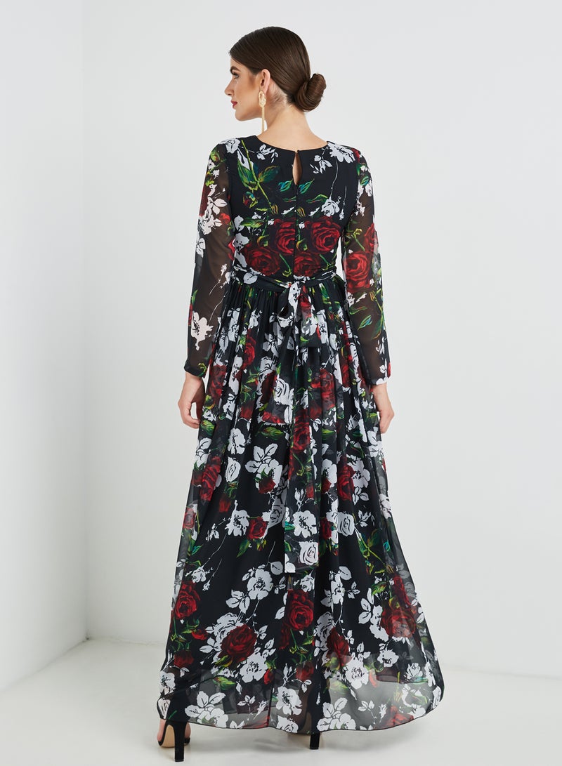 زينة فاشون فستان طويل مطبوع عليه نقشة الزهور أسود / أبيض / أحمر - Image 3