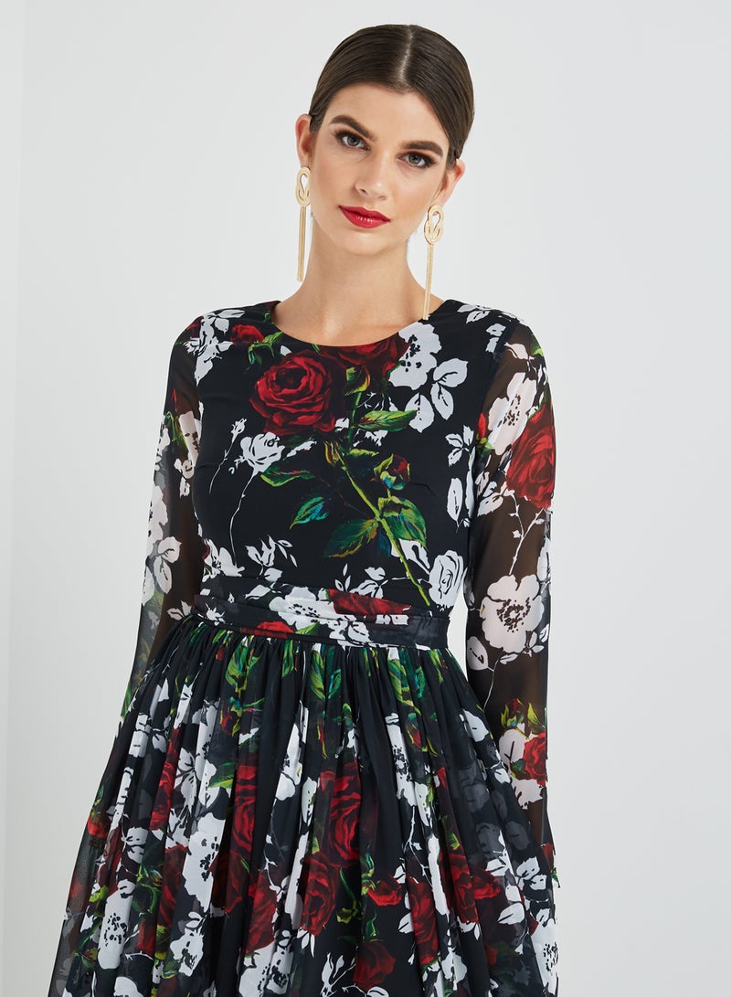 زينة فاشون فستان طويل مطبوع عليه نقشة الزهور أسود / أبيض / أحمر - Image 5