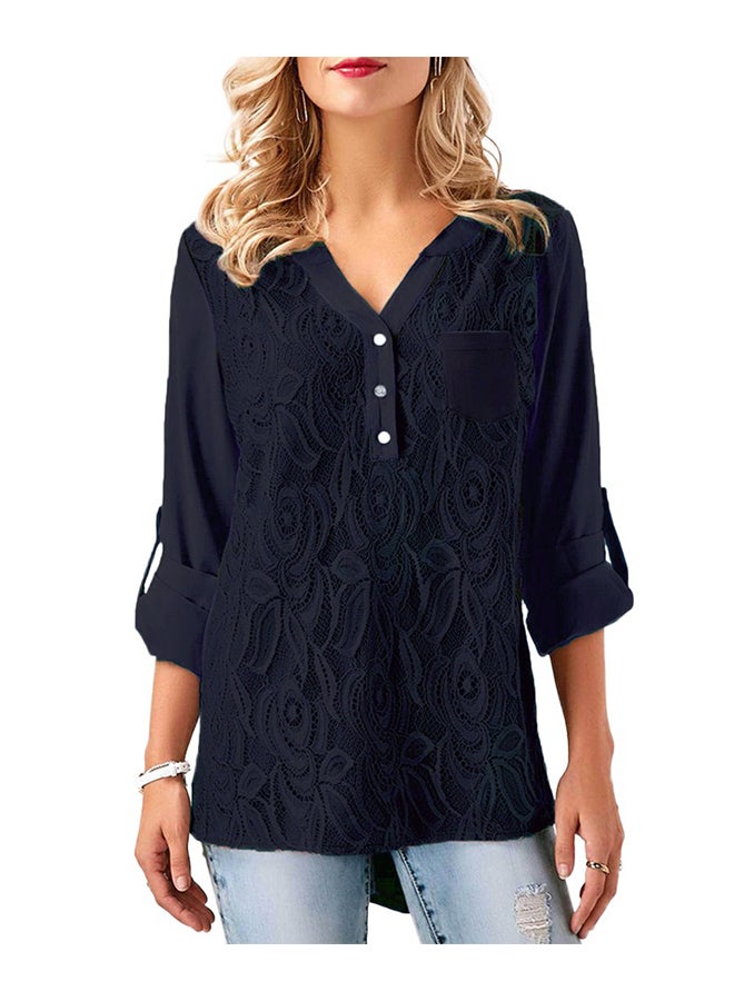 Chiffon Lace Asymmetrical Top Dark Blue  - Image 1