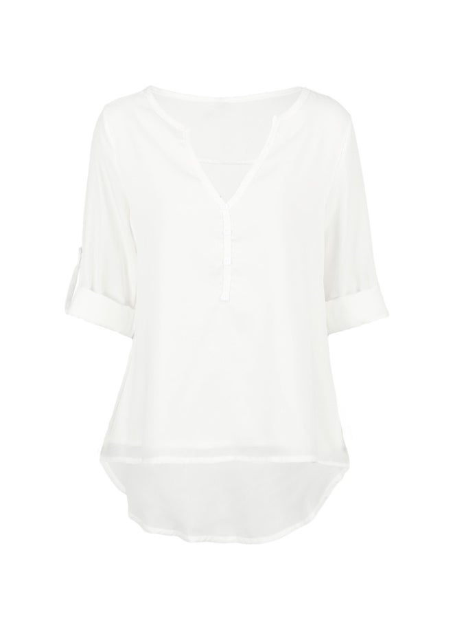 Roll Up Sleeves Asymmetrical Top White 