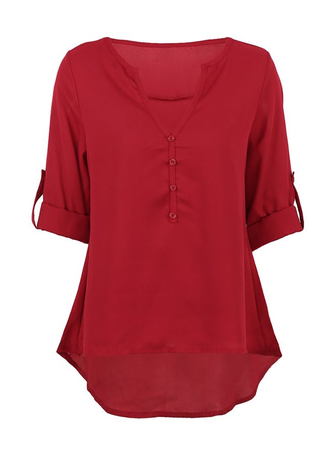 Roll Up Sleeves Asymmetrical Top Burgundy  - Image 2