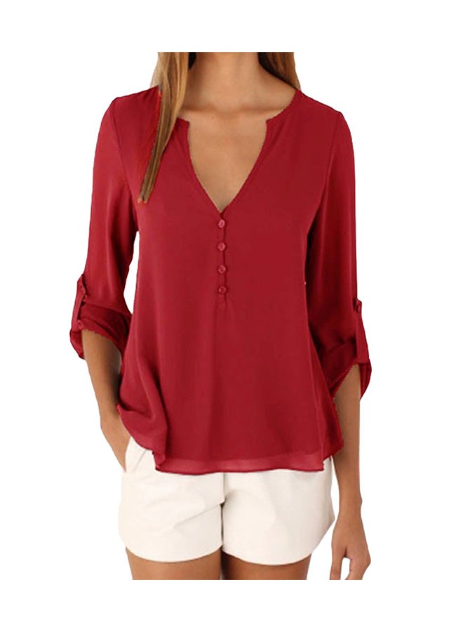Roll Up Sleeves Asymmetrical Top Burgundy  - Image 1