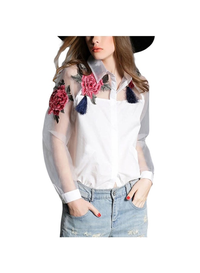 Generic - Floral Applique Full Sleeves Shirt White/Red/Blue - Image 1