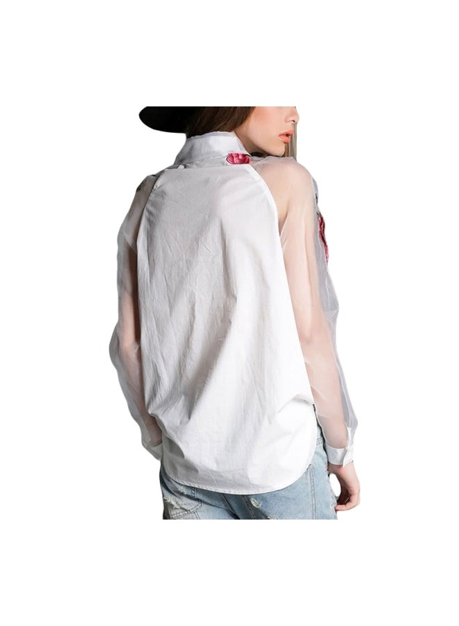 Generic - Floral Applique Full Sleeves Shirt White/Red/Blue - Image 1