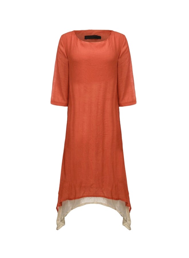 فستان بحافة غير متناسقة وأكمام ثلاثة أرباع برتقالي/بيج - Image 1