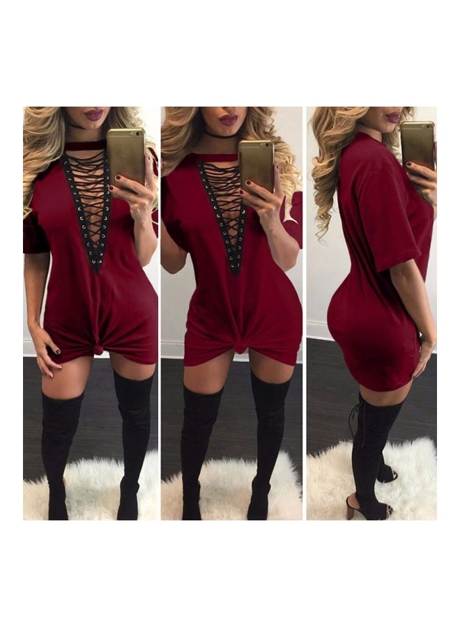 فستان قصير بأكمام قصيرة أحمر - Image 3