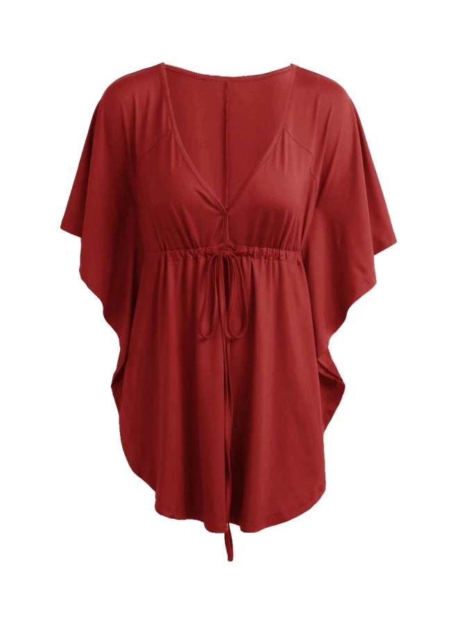 Batwing Sleeves Tunic Red  - Image 1