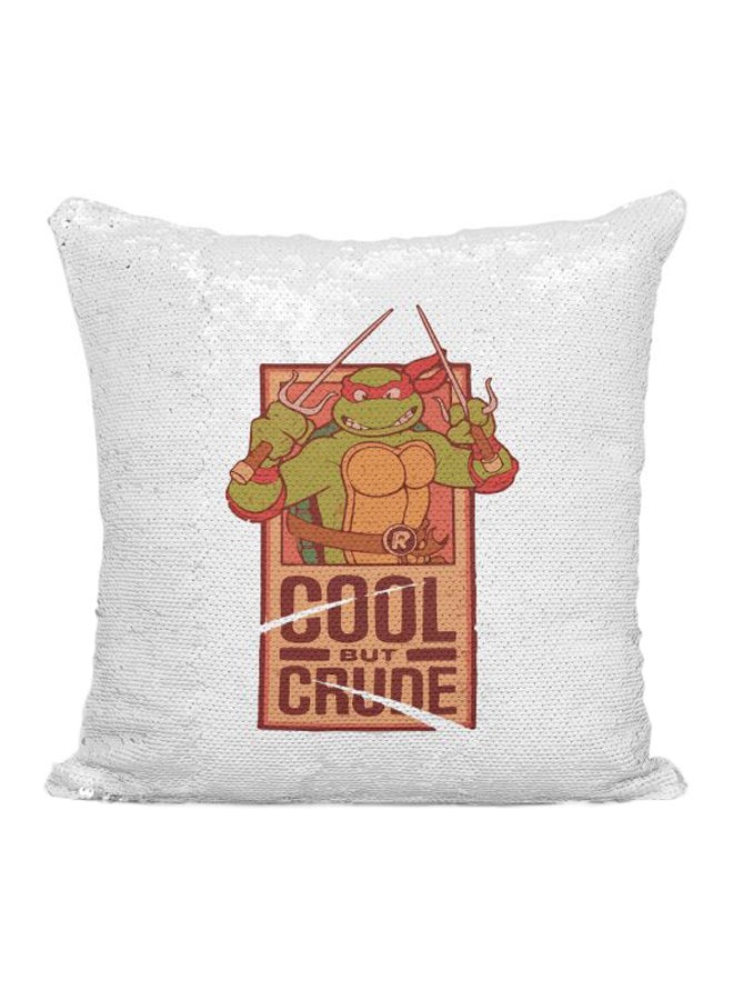 وسادة مطرزة بالترتر ومطبوع عليها تصميم من المسلسل الكرتوني "Teenage Mutant Ninja Turtle" فضي / أبيض/أخضر 16x16بوصة - Image 1