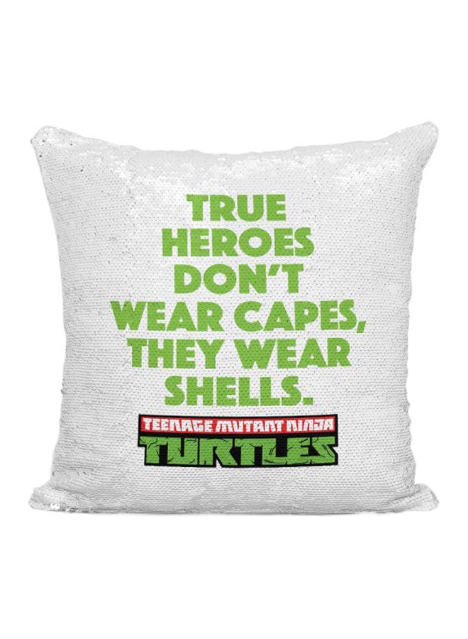 وسادة مطرزة بالترتر ومطبوع عليها تصميم من المسلسل الكرتوني "Teenage Mutant Ninja Turtle" فضي / أبيض/أخضر 16x16بوصة - Image 1