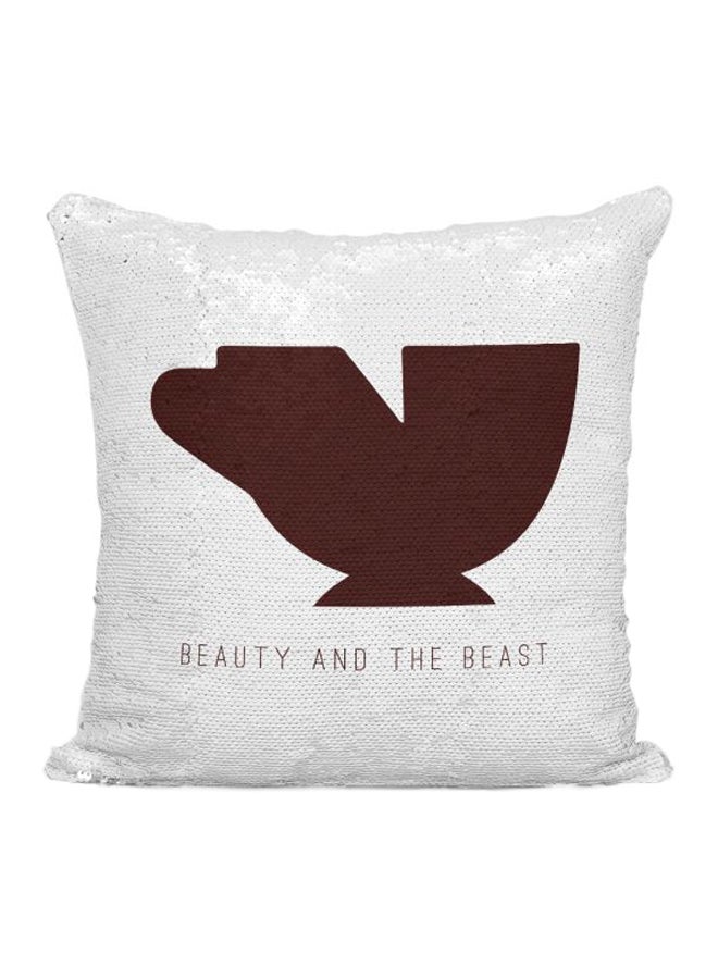 Beauty And The Beast Kettle And Cup Printed Sequined Throw Pillow Silver/White/Brown 16x16inch - Image 1