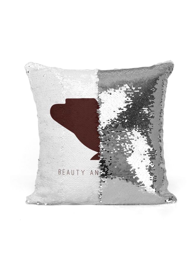 Beauty And The Beast Kettle And Cup Printed Sequined Throw Pillow Silver/White/Brown 16x16inch - Image 2
