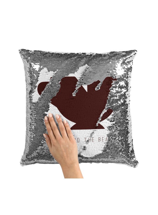 Beauty And The Beast Kettle And Cup Printed Sequined Throw Pillow Silver/White/Brown 16x16inch - Image 3