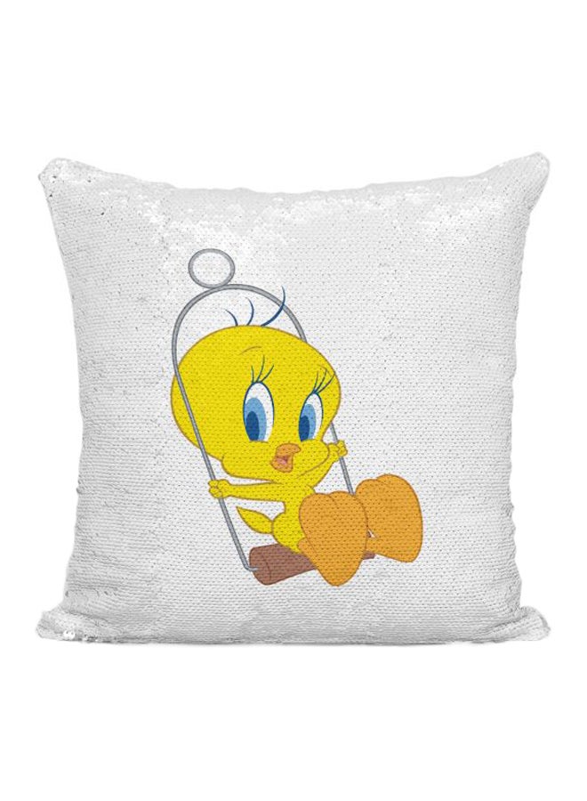 Tweety Bird Printed Sequined Throw Pillow Silver/White/Yellow 16x16inch - Image 1